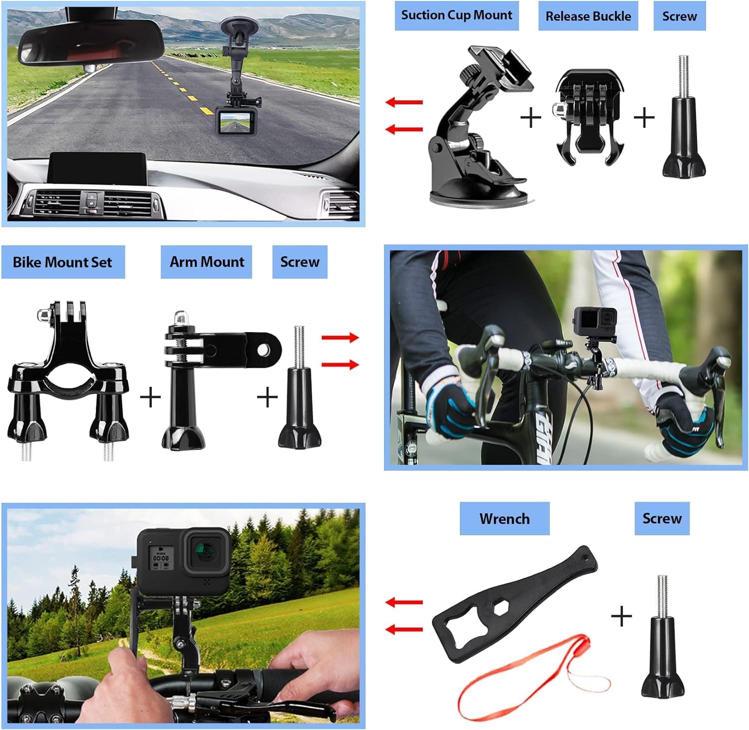 HONGDAK Action Camera Accessories Kit for GoPro Hero 13 12 11 10 9 Black, Waterproof Housing+Silicone Case+ Adjustable Arm+Head Chest Wrist Strap+Bike Mount+Suction Cup+Floating Grip Bundle Set 63in1 - Image 5