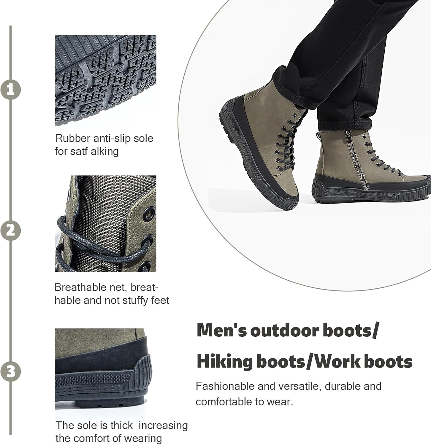 Men's Outdoor Hiking Boots Waterproof High Top Anti Slip Casual Work Boots with Rubber Sole for Trekking, Walking, Travel, Fall Winter - Image 5