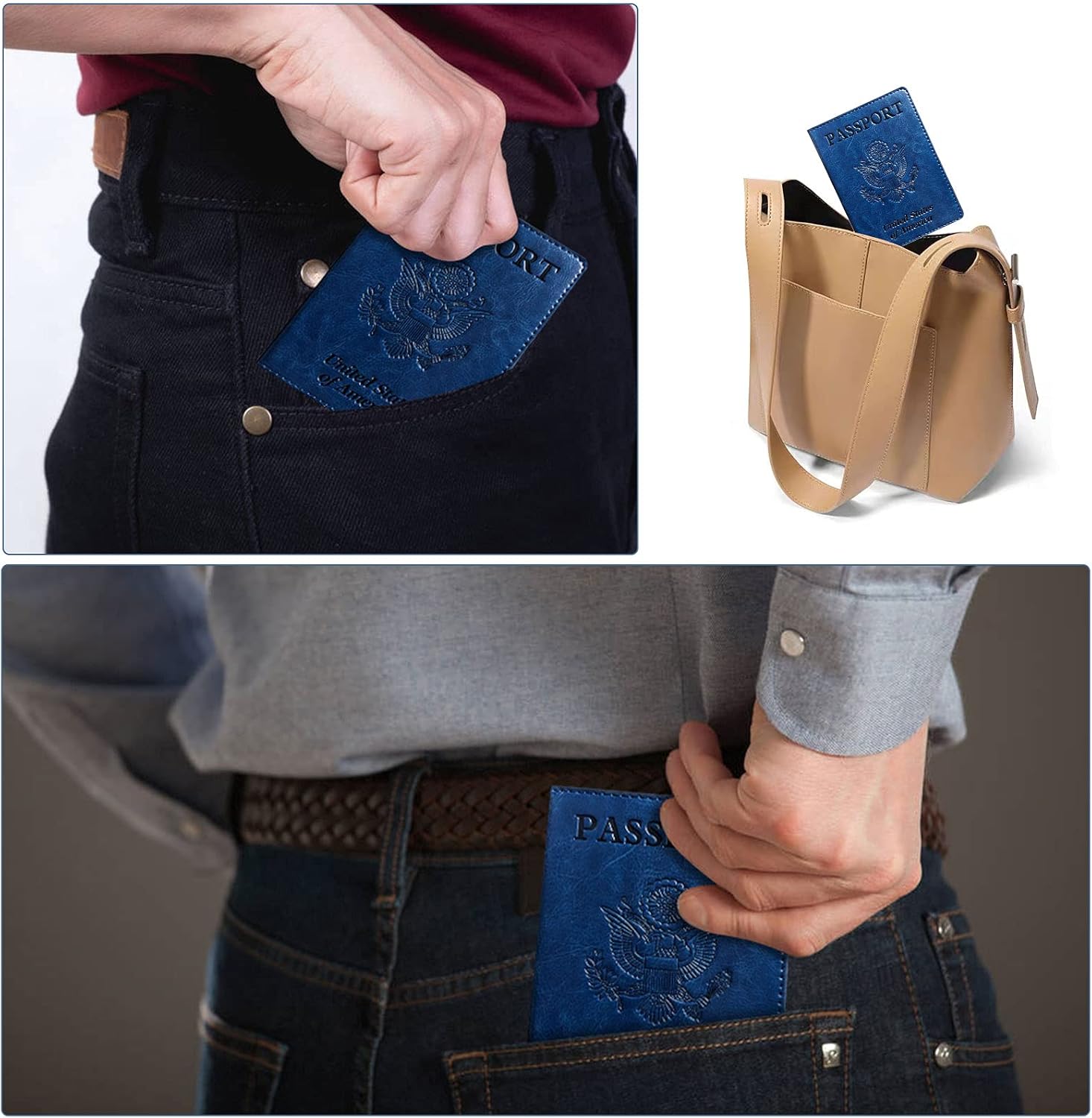 Passport Holder Cover Wallet Case RFID Blocking Leather Card Slot Travel Accessories Documents Organizer Protector for Women Men, Navy Blue - Image 6