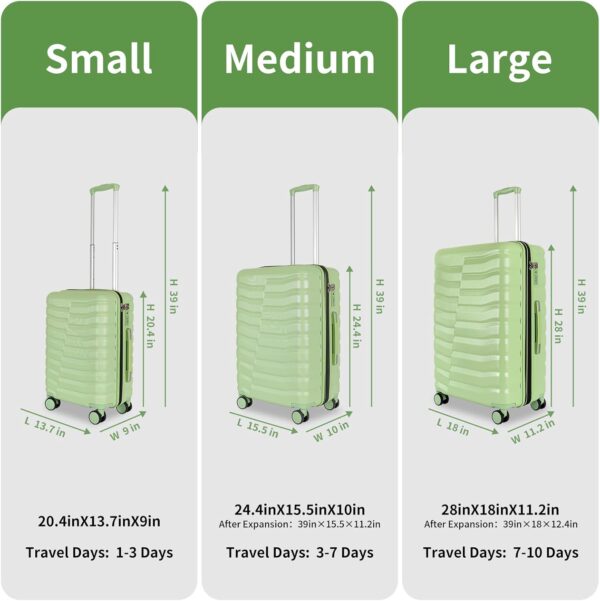 Lightweight Luggage with Spinner Wheels & YKK Zipper, 3-Piece Travel Suitcase ABS+PC Hardshell Luggage Set with TSA Lock, Light Avocado Green (20+24+28 inch) - Image 3