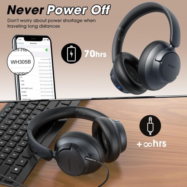 BERIBES Upgraded Hybrid Active Noise Cancelling Headphones with Transparent Modes,70H Playtime Bluetooth Headphones Wireless Bluetooth with Mic, Deep Bass,3.5MM Cable,Soft-Earpads,Fast Charging-Black - Image 7