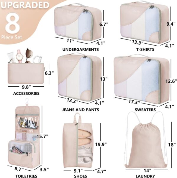 10 Set/8 Set Packing Cubes for Travel, Gifts for Women Mom,Anti-Tearing Suitcase Organizer for Luggage with Shoe & Hanging Toiletry Bag,OlarHike Vacation Essentials & Accessories for Cruise Ship,Cream - Image 3