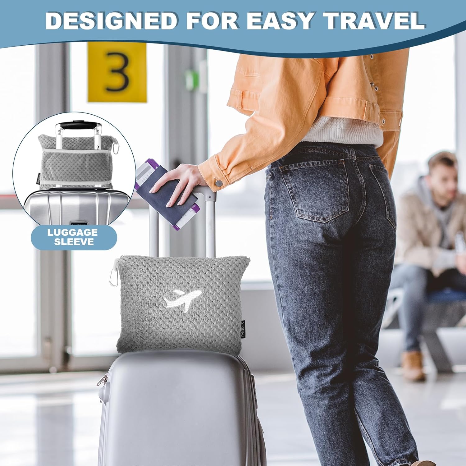 Travel Blanket Airplane Compact with Bag, Travel Essentials 3 in 1 Packable Airplane Blanket, Travel Pillow and Blanket Set, Inflatable Pillow, Luggage Sleeve & Backpack Clip (Light Grey) - Image 5