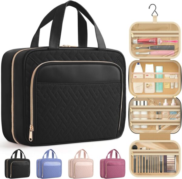 HOTOR Travel Toiletry Bag for Women & Men, Waterproof Makeup Bag with Hanging Hook and Multiple Pockets, Cosmetic Bags for Women, Travel Essentials, 11.2'' x 3.2'' x 8.9'', Black - Image 2
