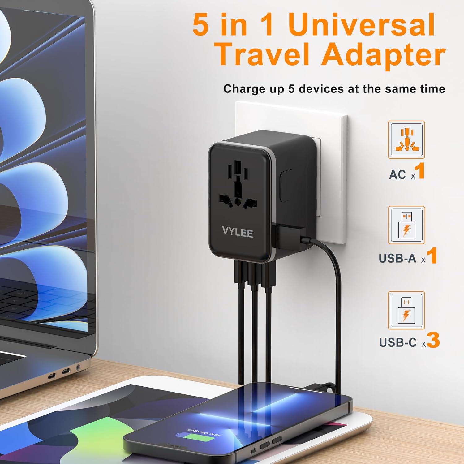 Universal Travel Adapter, VYLEE 45W International Plug Adapter with PD Fast Charging, 5-Port (1 AC/1 USB-A/3 USB-C), Wall Charger Worldwide Travel Essentials Plug for USA EU UK AUS Japan (Black) - Image 3