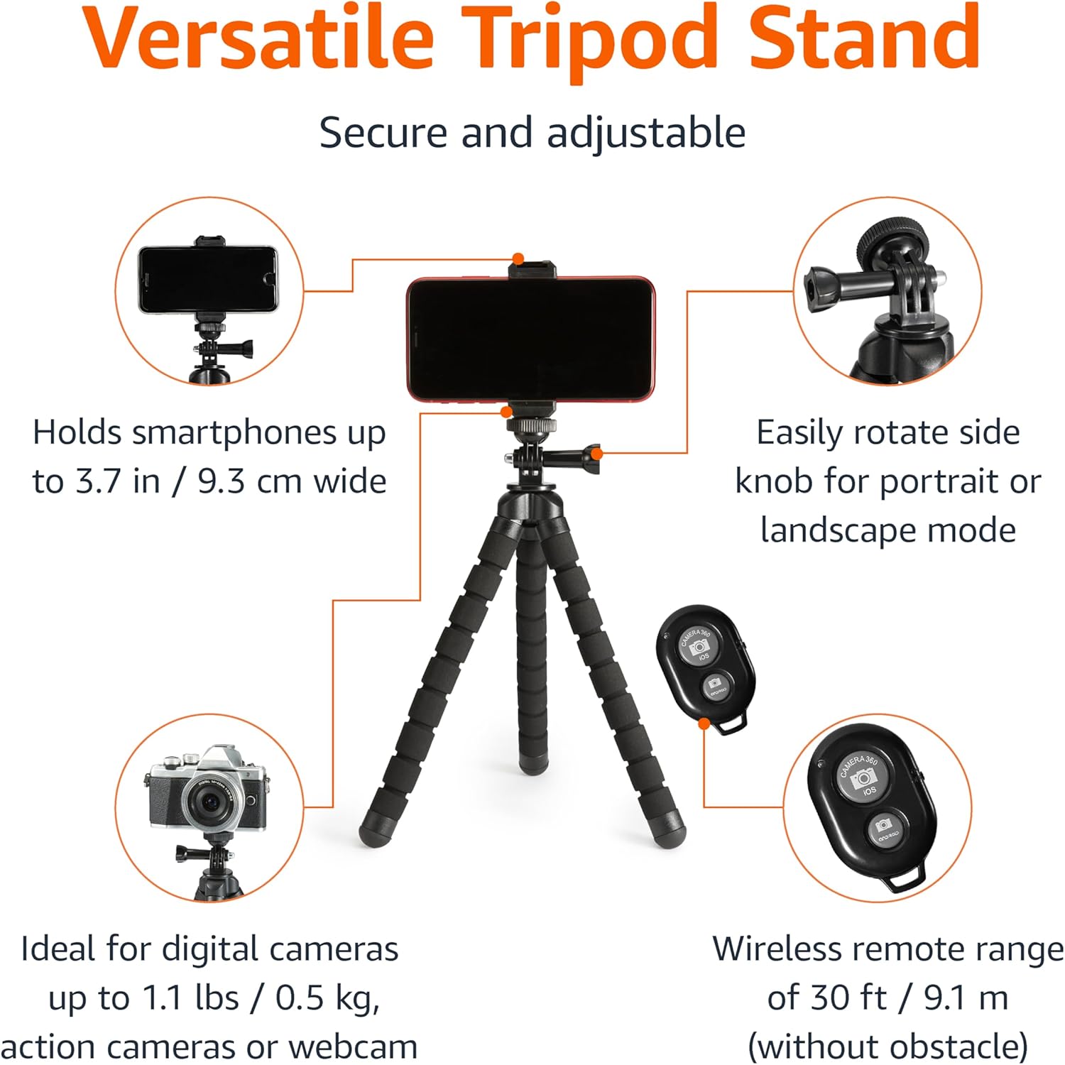 Amazon Basics Portable and Flexible Tripod with Wireless Remote and Smartphone Clamp, 10-inch long, Black - Image 3