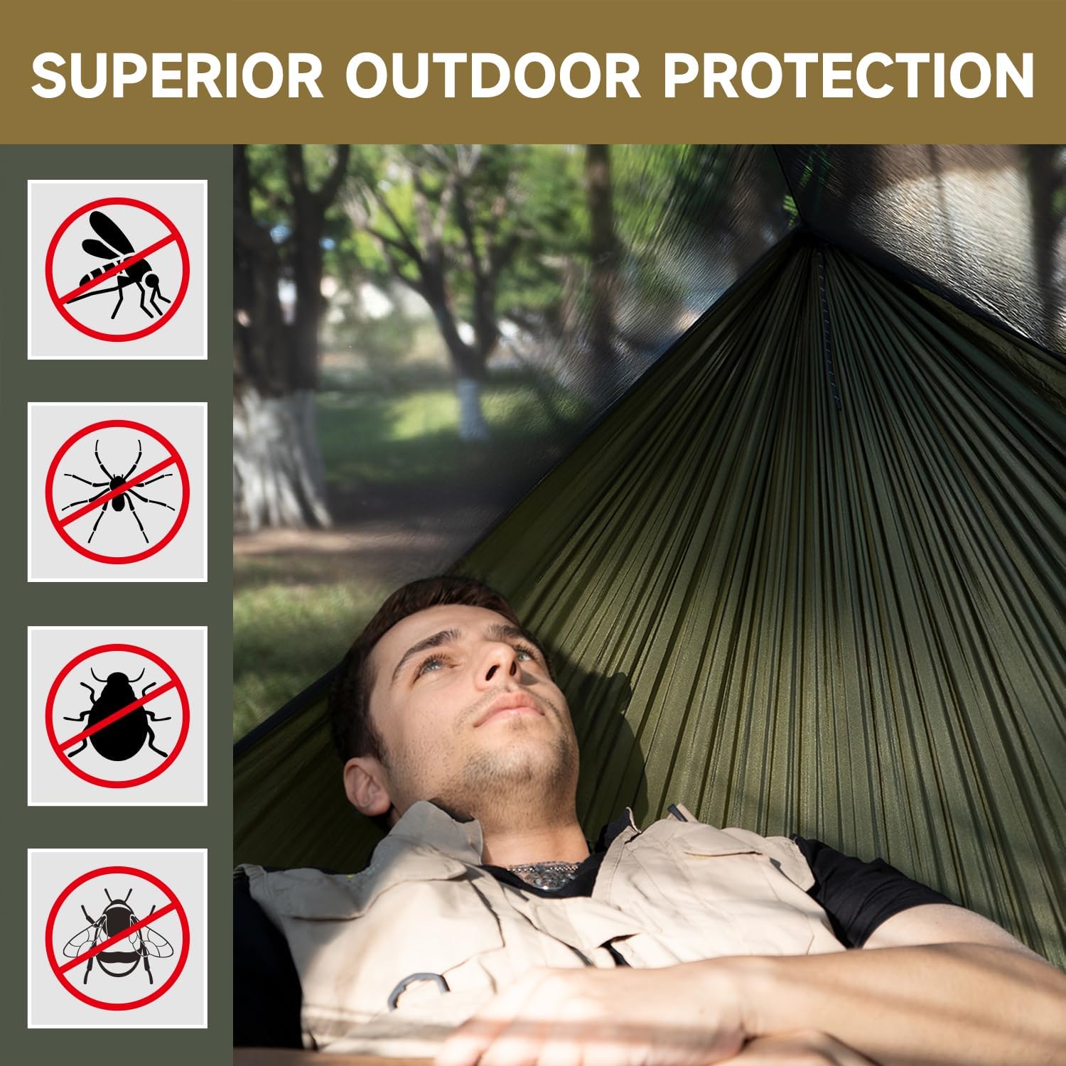 Camping Hammock with Mosquito Net and Ridge Rope, Extra Large for 2 Person, Lightweight Hanging Hammocks Tree Straps, All-in-one Fast Open Hammock for Outside, Hiking, and Travel - Image 5