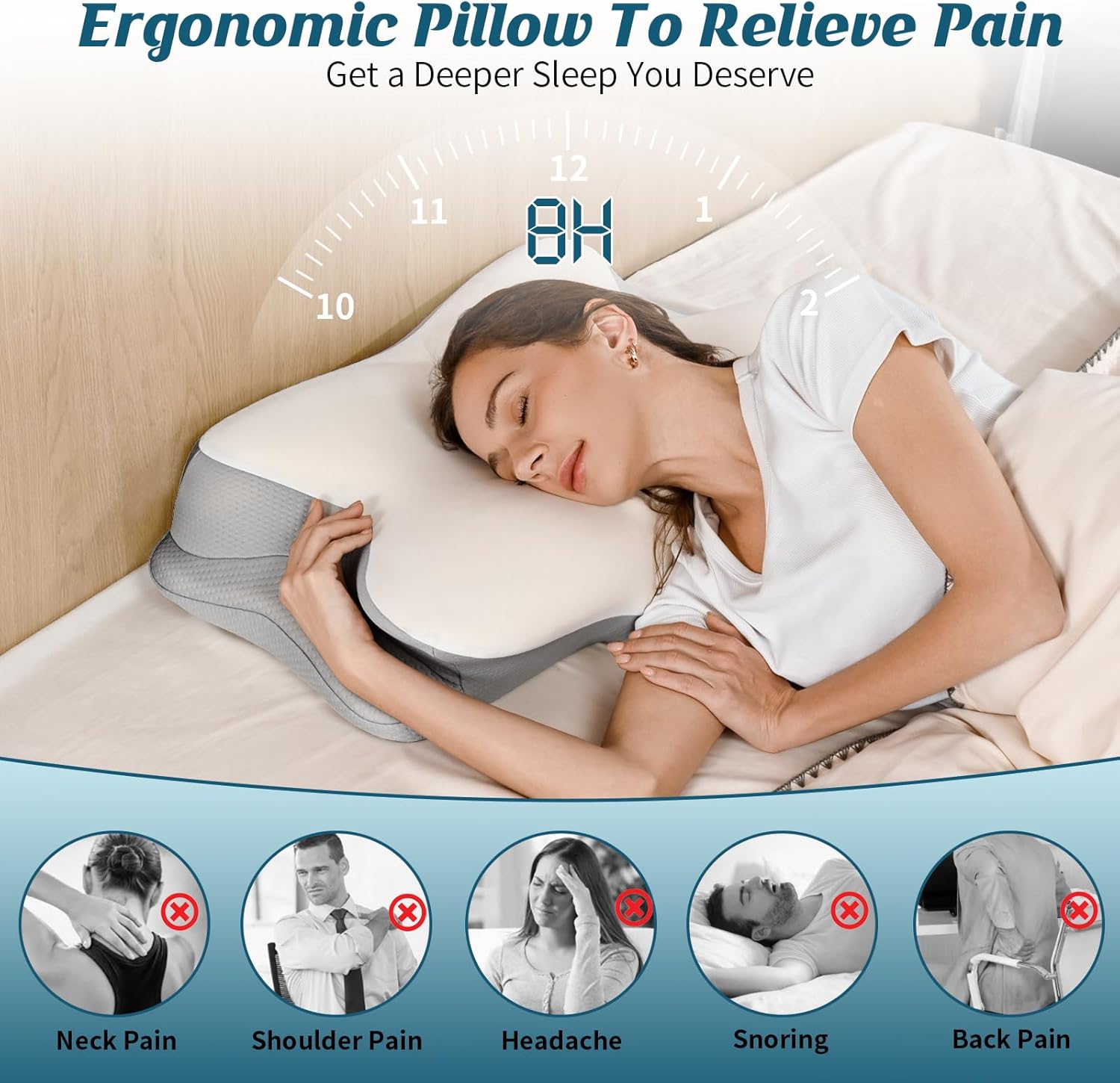 Cervical Neck Pillow for Pain Relief - Ergonomic Side Sleeper Pillow for Sleeping, Contour Orthopedic Pillow for Neck Support, Cooling Memory Foam Pillows for Back & Stomach Sleepers with Pillowcase - Image 3