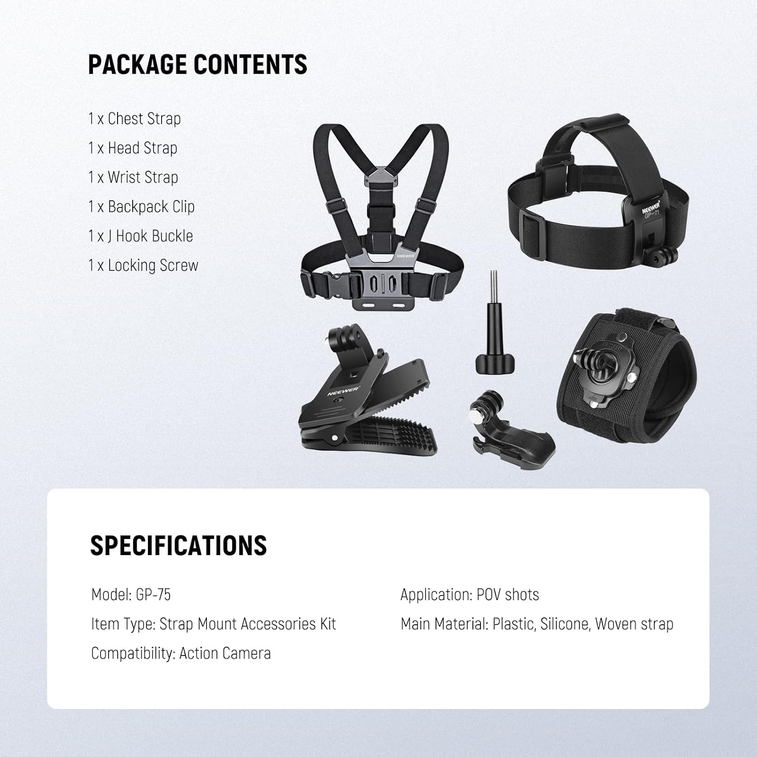 NEEWER Accessory Set Compatible with GoPro Hero Insta360 DJI AKASO Action Camera, Quick Change Head Strap Head Strap Holder, Chest Strap, Backpack Hat Clip Holder & 360° Wrist Strap for GP-75 - Image 8