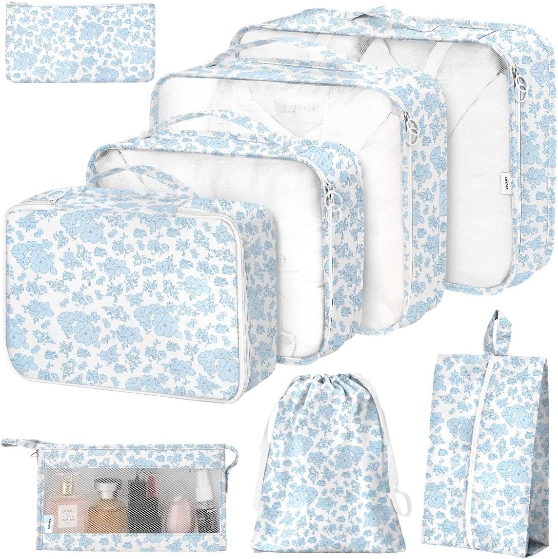 8 Set Packing Cubes for Suitcases,Packing Cube with Shoe, Cosmetics, Clothing, and Accessories Bags Packing Cubes for Travel Luggage Organizer Women Men(Blue Flowers) - Image 2