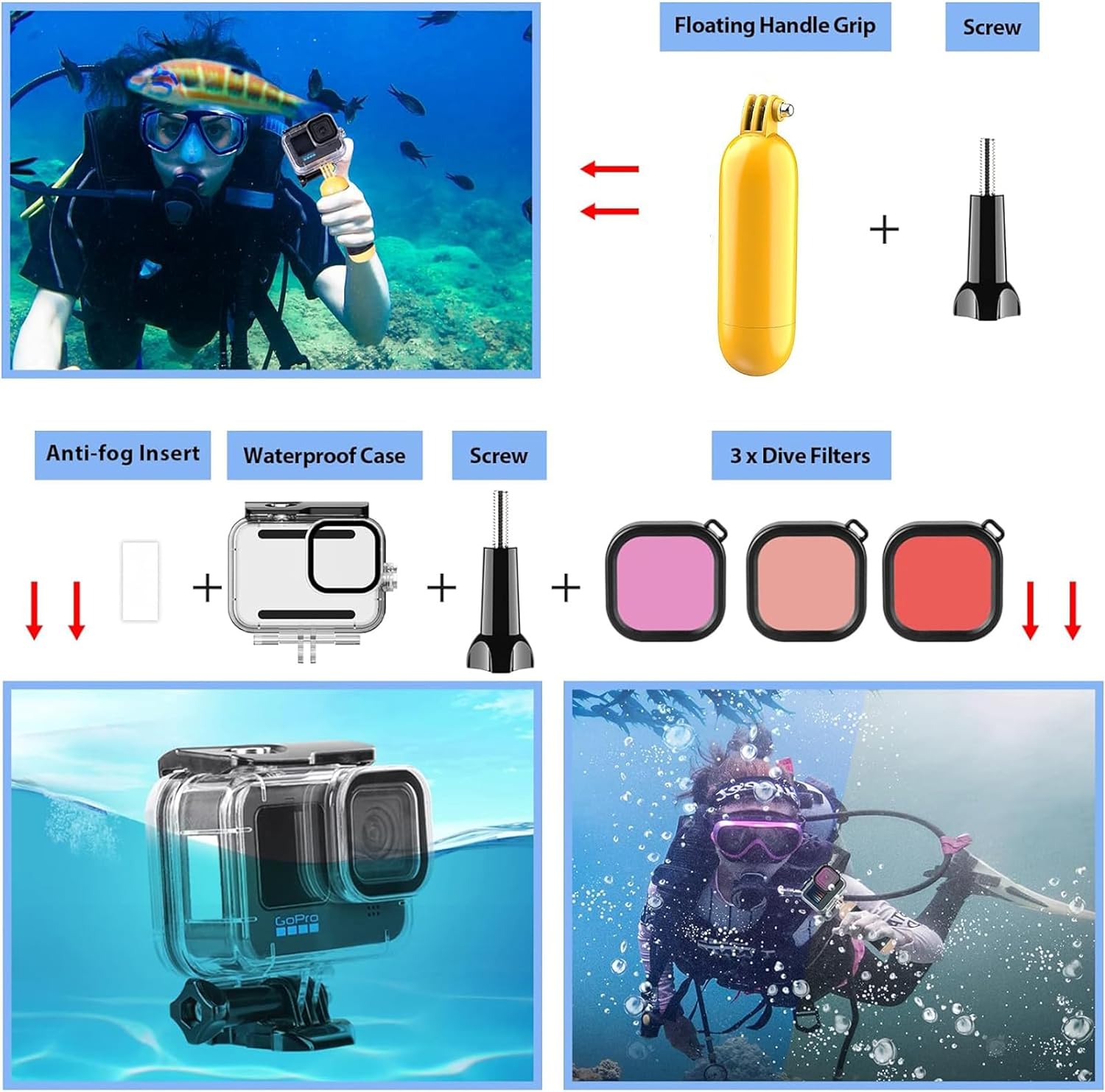 HONGDAK Action Camera Accessories Kit for GoPro Hero 13 12 11 10 9 Black, Waterproof Housing+Silicone Case+ Adjustable Arm+Head Chest Wrist Strap+Bike Mount+Suction Cup+Floating Grip Bundle Set 63in1 - Image 4
