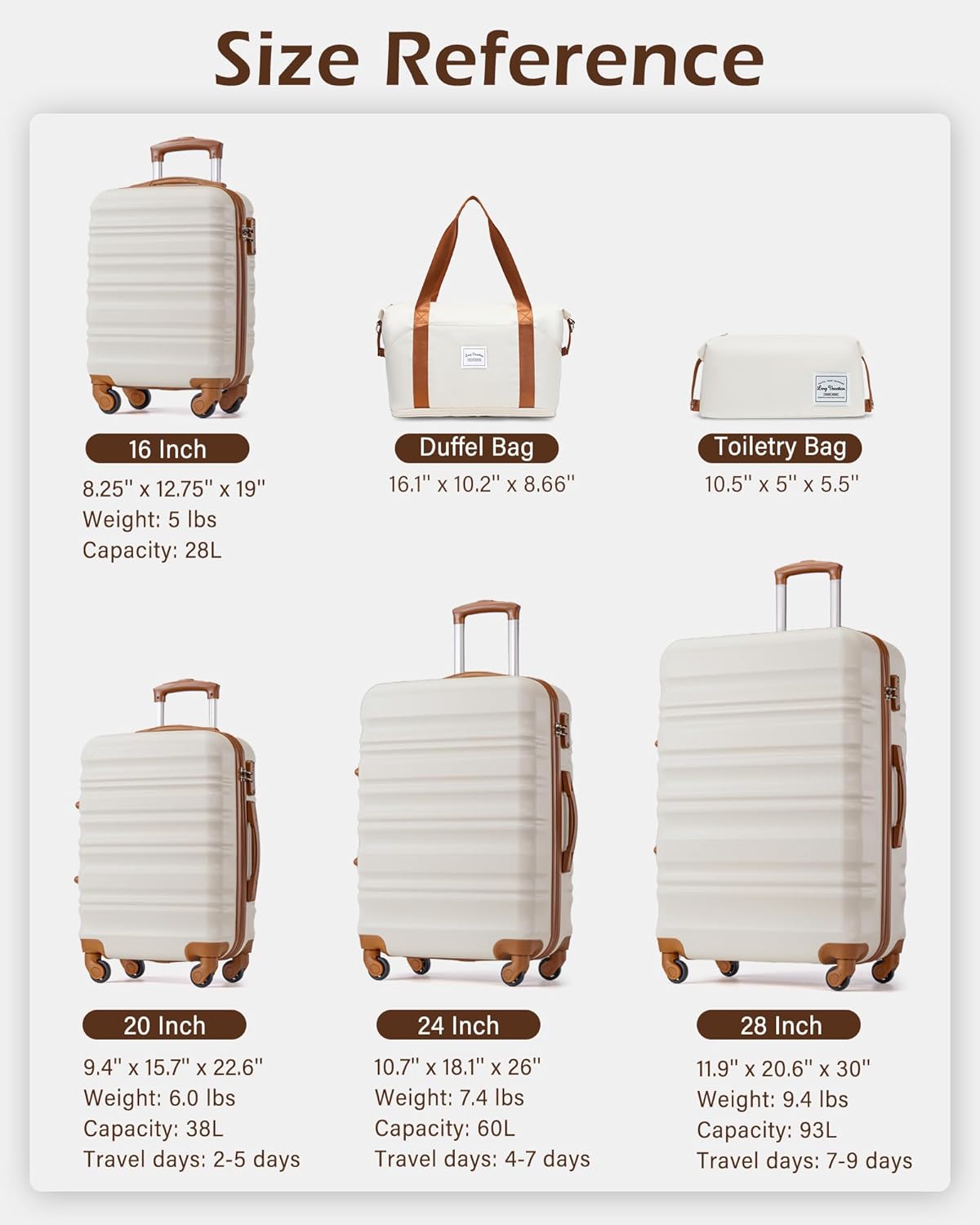 LONG VACATION 6 Piece Luggage Set Carry on Suitcase with ABS+PC hardshell, Spinner Wheels & YKK Zipper TSA Lock (WHITE-BROWN, 6 piece set) - Image 10