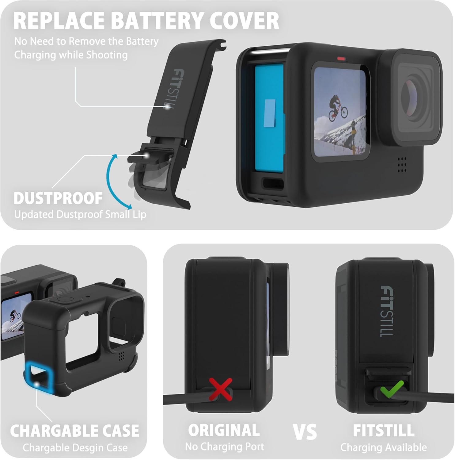 FitStill Black Silicone Sleeve Case for Go Pro Hero 12/Hero 11/Hero 10/Hero 9 Black,Battery Side Cover&Screen Protectors& Lens Caps&Lanyard for Go Pro Hero 12/11/10/9 Black Accessories Kit - Image 4