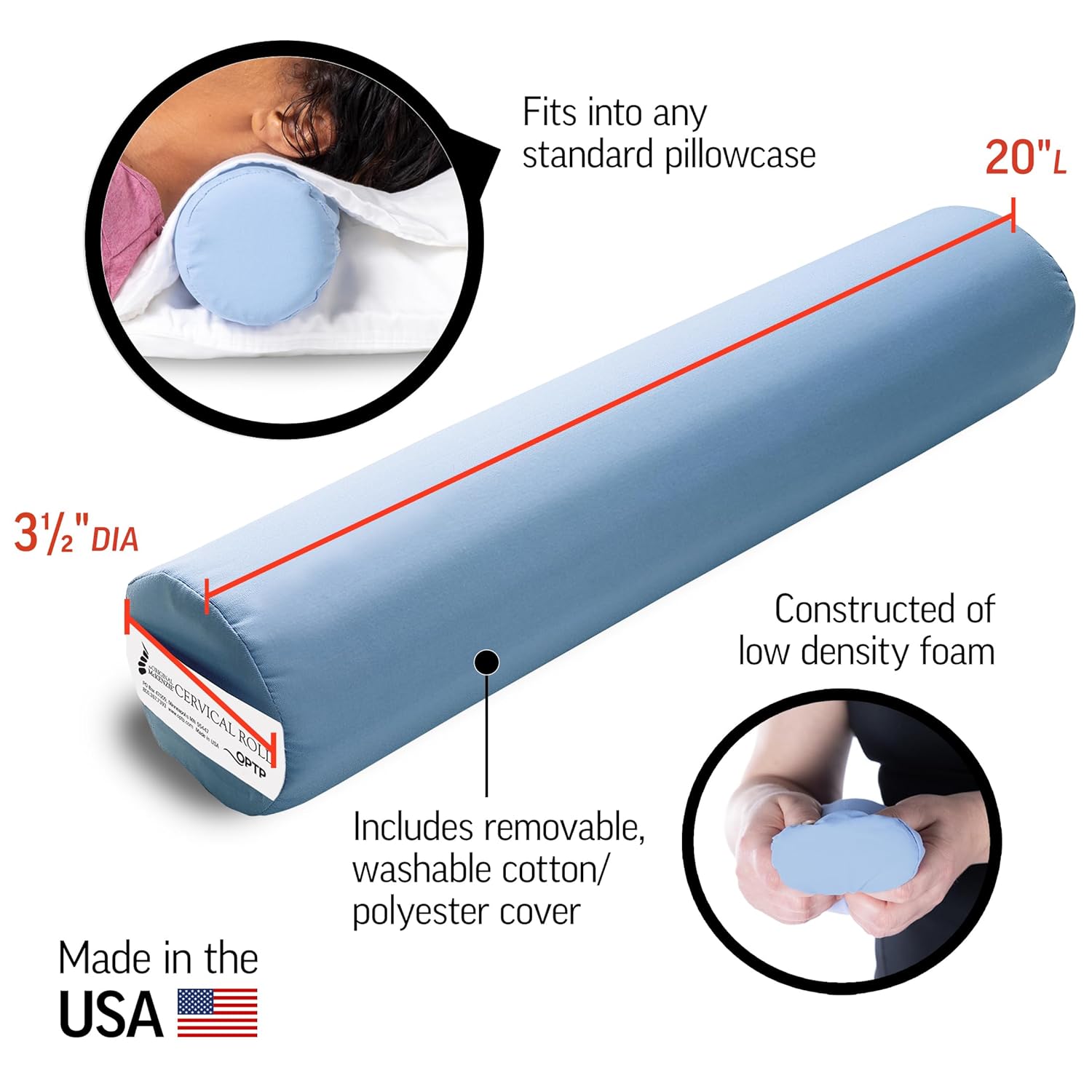 OPTP The Original McKenzie Cervical Roll, 20" Neck Support Pillow to Relieve Neck and Back Pain - Round Pillow for Improved Sleeping Support and Cervical Pain Relief - Made in The USA - Image 4