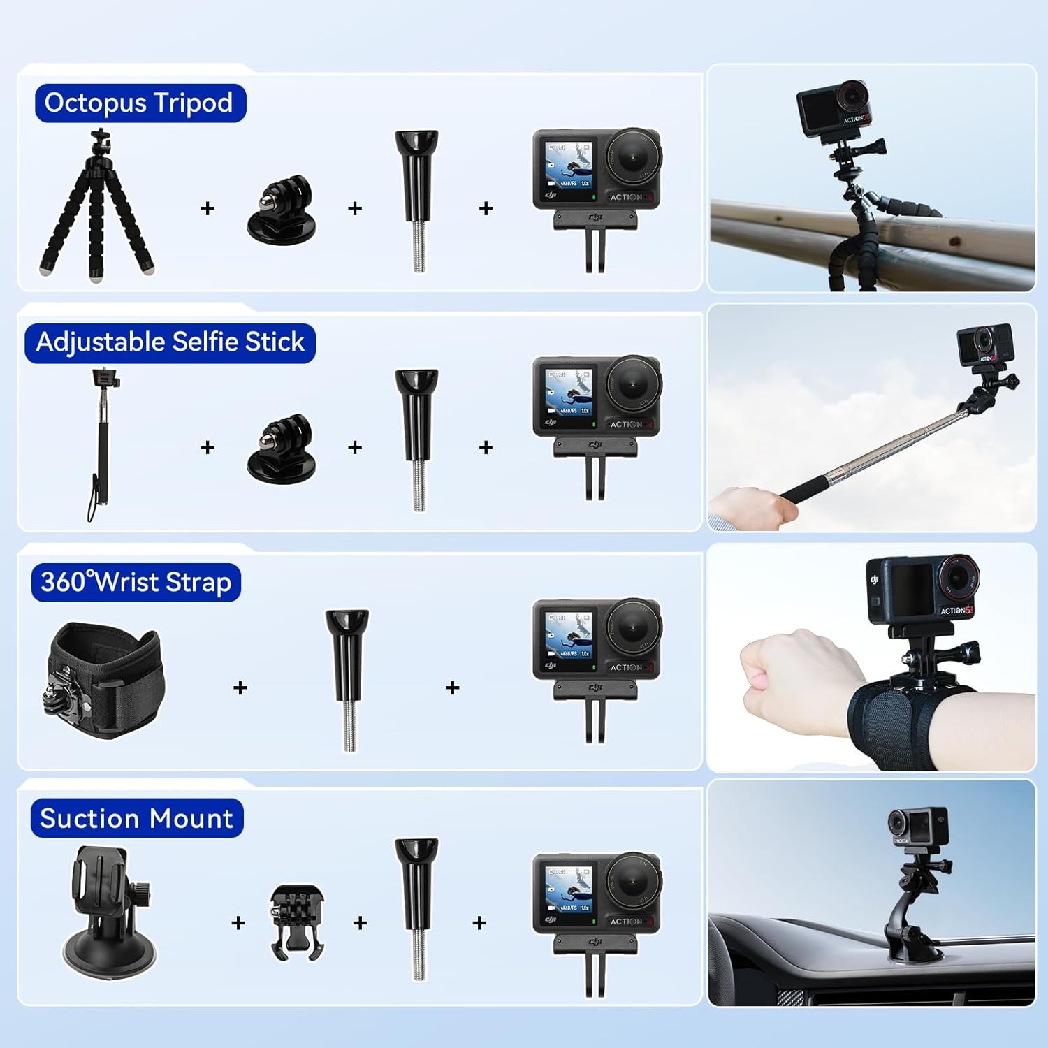 DJI Osmo Action 4 Standard Combo with 50 Piece Accessory Kit + 2 Extra Batteries + 64GB Card, 4K/120fps Waterproof Action Camera with a 1/1.3-Inch Sensor, Long-Lasting 160 Mins, Outdoor Camera - Image 3