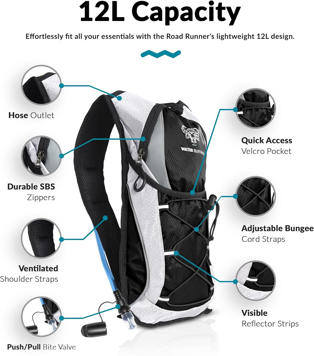Water Buffalo Hydration Backpack - Lightweight Hydration Pack with 2L Water Bladder - Water Backpack for Hiking, Running, Biking, and Raves - Road Runner 12L Hydropack Backpack - Image 3