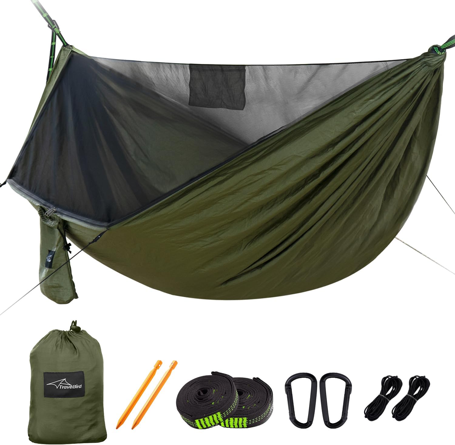 Camping Hammock with Mosquito Net and Ridge Rope, Extra Large for 2 Person, Lightweight Hanging Hammocks Tree Straps, All-in-one Fast Open Hammock for Outside, Hiking, and Travel - Image 2