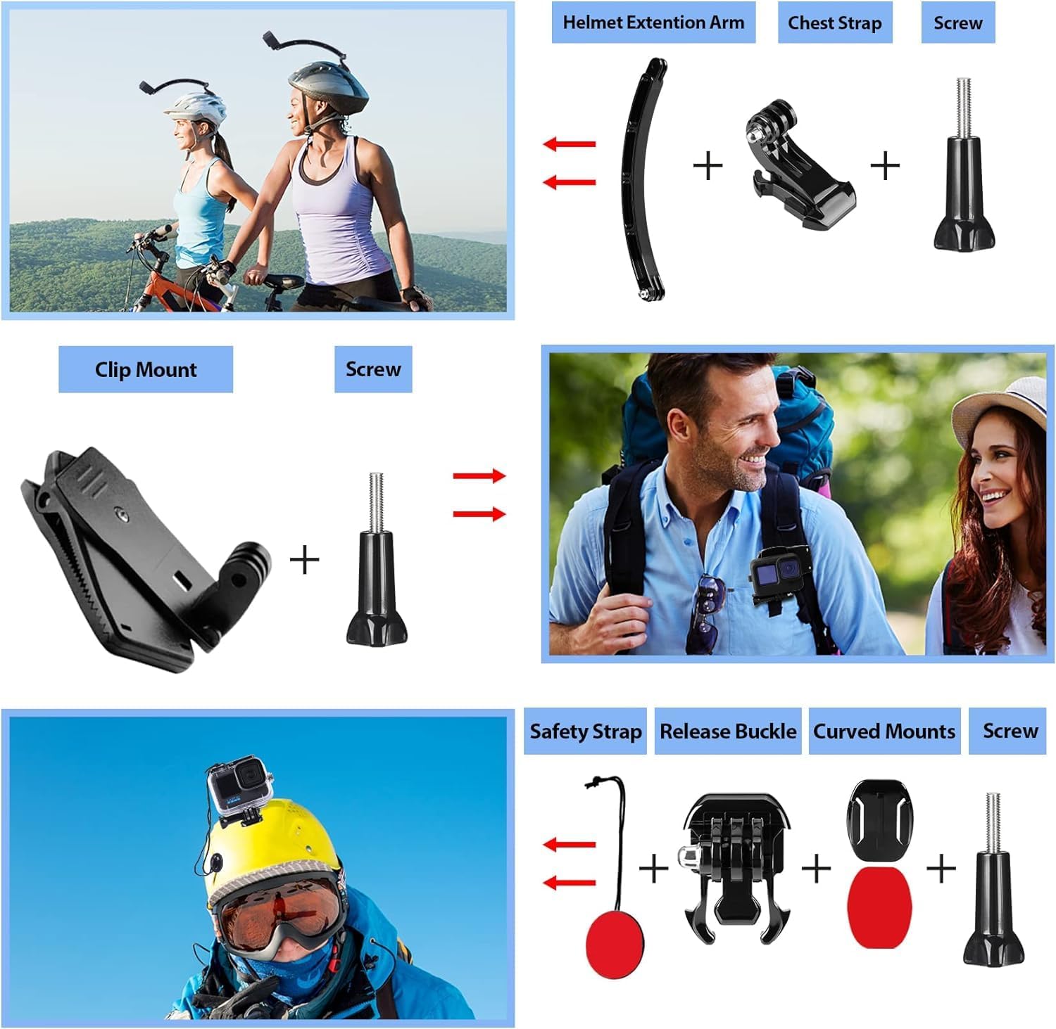 HONGDAK Action Camera Accessories Kit for GoPro Hero 13 12 11 10 9 Black, Waterproof Housing+Silicone Case+ Adjustable Arm+Head Chest Wrist Strap+Bike Mount+Suction Cup+Floating Grip Bundle Set 63in1 - Image 6