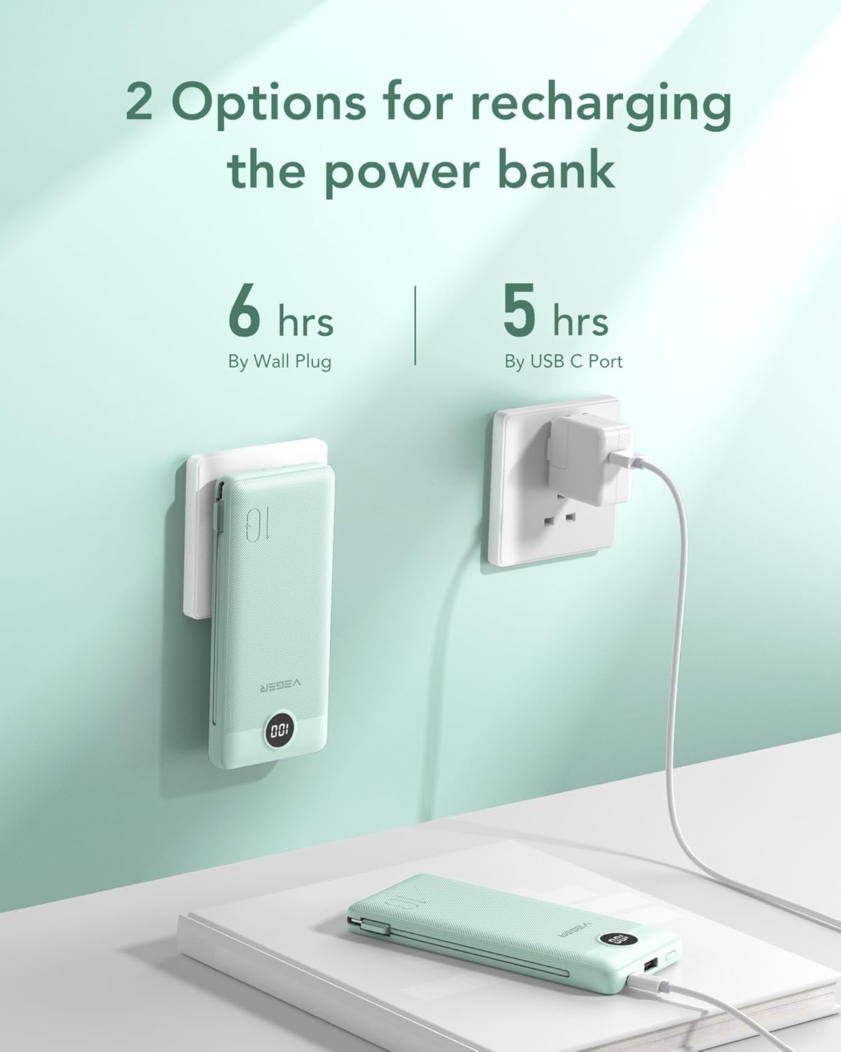 VEGER Portable Charger for iPhone with Built in Cables and Wall Plug, 10000mah Slim Fast Charging USB C Power Bank, Travel Essential Battery Pack Compatible with iPhone, iPad, Samsung etc(Green) - Image 6