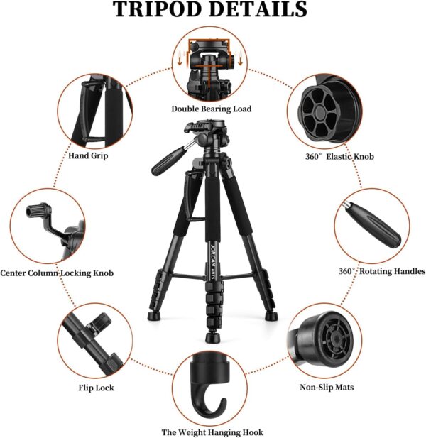 JOILCAN Tripod Camera Tripods, 74" Tripod for Camera Phone Video Recording, Heavy Duty Cameras Tripod Stand, Professional Travel DSLR Tripods Compatible with Canon iPhone, Max Load 15 LB - Image 8