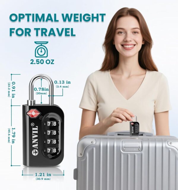 ANVIL TSA Approved Luggage Lock - 4 Digit Combination, 10,000 Combinations, Easy-Read Password Window, Travel Lock for Suitcases, Backpacks, Gym & Student Lockers, Baggage - Image 6