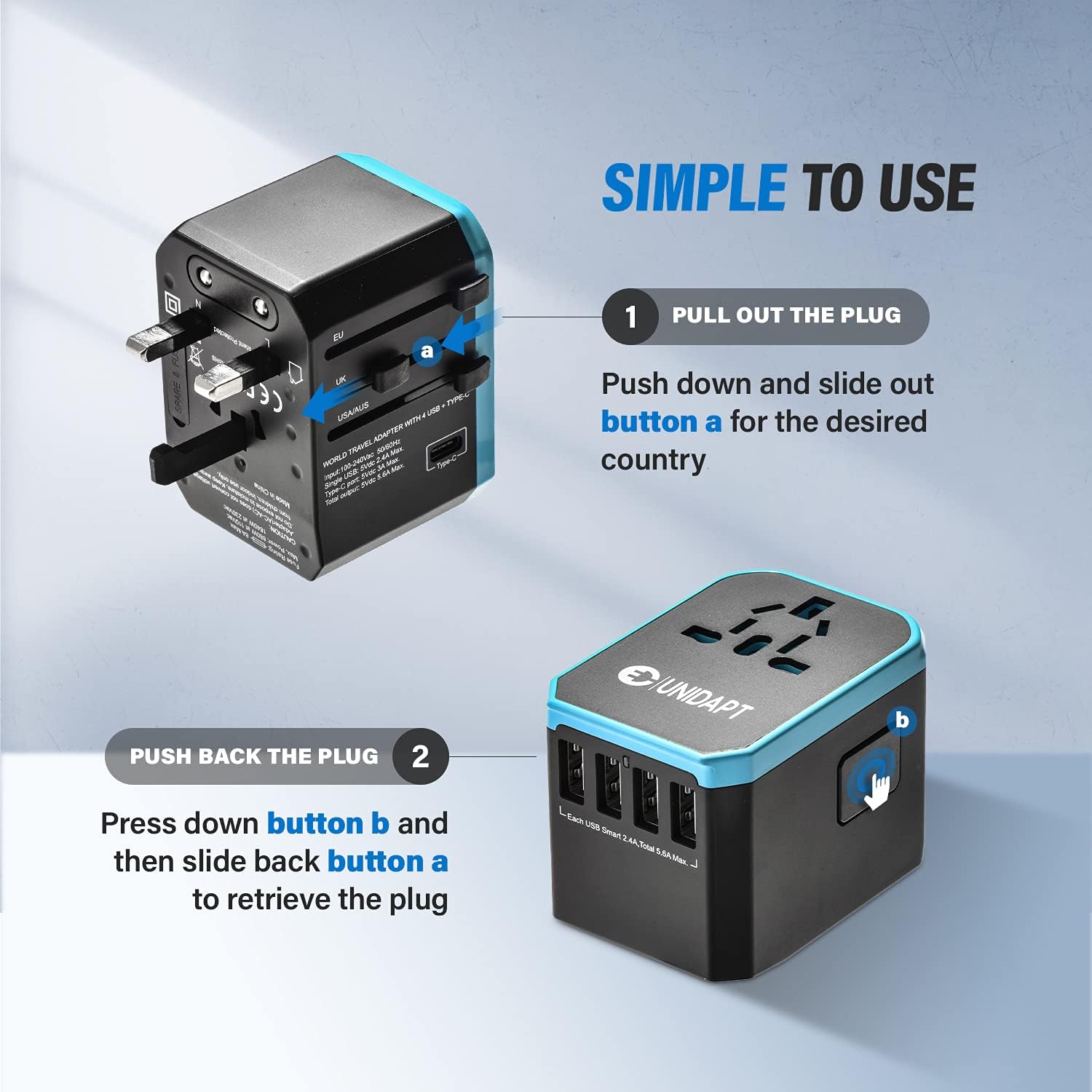 Unidapt Universal Travel Adapter, European Travel Plug Adapter - International Power Adapter Worldwide Charger with USB-C & 4 USB Ports, Travel Essentials for Italy, Japan, Europe, UK (UA-101, Blue) - Image 4