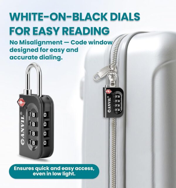 ANVIL TSA Approved Luggage Lock - 4 Digit Combination, 10,000 Combinations, Easy-Read Password Window, Travel Lock for Suitcases, Backpacks, Gym & Student Lockers, Baggage - Image 8