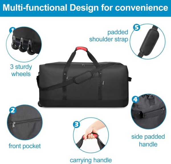 Finnhomy 120L Foldable Rolling Duffel Bag with 3 Wheels, Light Weight Travel Duffel bag with Large Loading Capacity, 32 inch Rolling Duffel bag with Shoulder Strap for Travel Camping Sports - Image 5