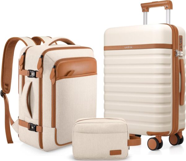 Luggage Sets 3 Piece, Carry On Luggage 20In With Spinner Wheels,PC Hardside Suitcase Set with TSA Lock,Durable Carry On Suitcase With Travel Backpack for Men (Beige, 3 piece set (20inch)) - Image 2