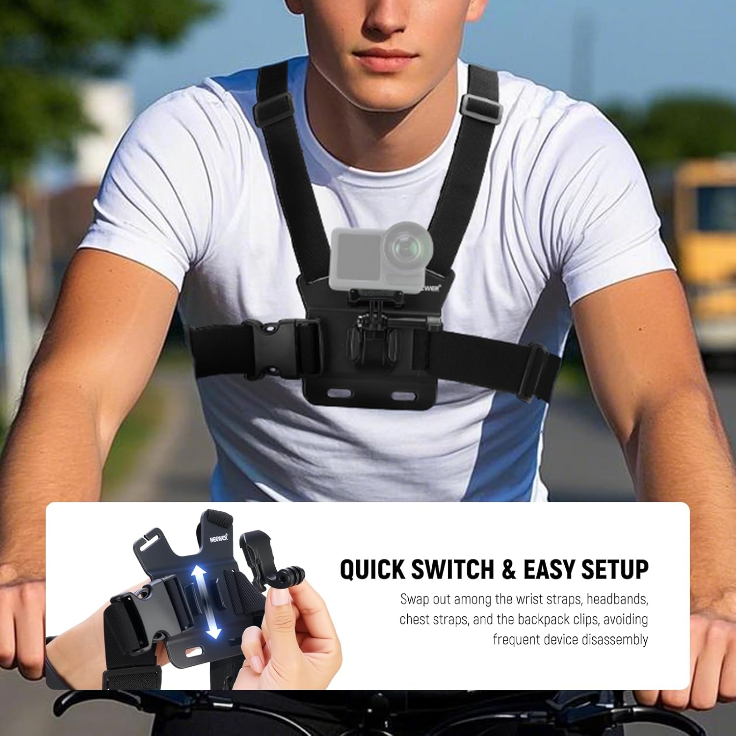NEEWER Accessory Set Compatible with GoPro Hero Insta360 DJI AKASO Action Camera, Quick Change Head Strap Head Strap Holder, Chest Strap, Backpack Hat Clip Holder & 360° Wrist Strap for GP-75 - Image 4