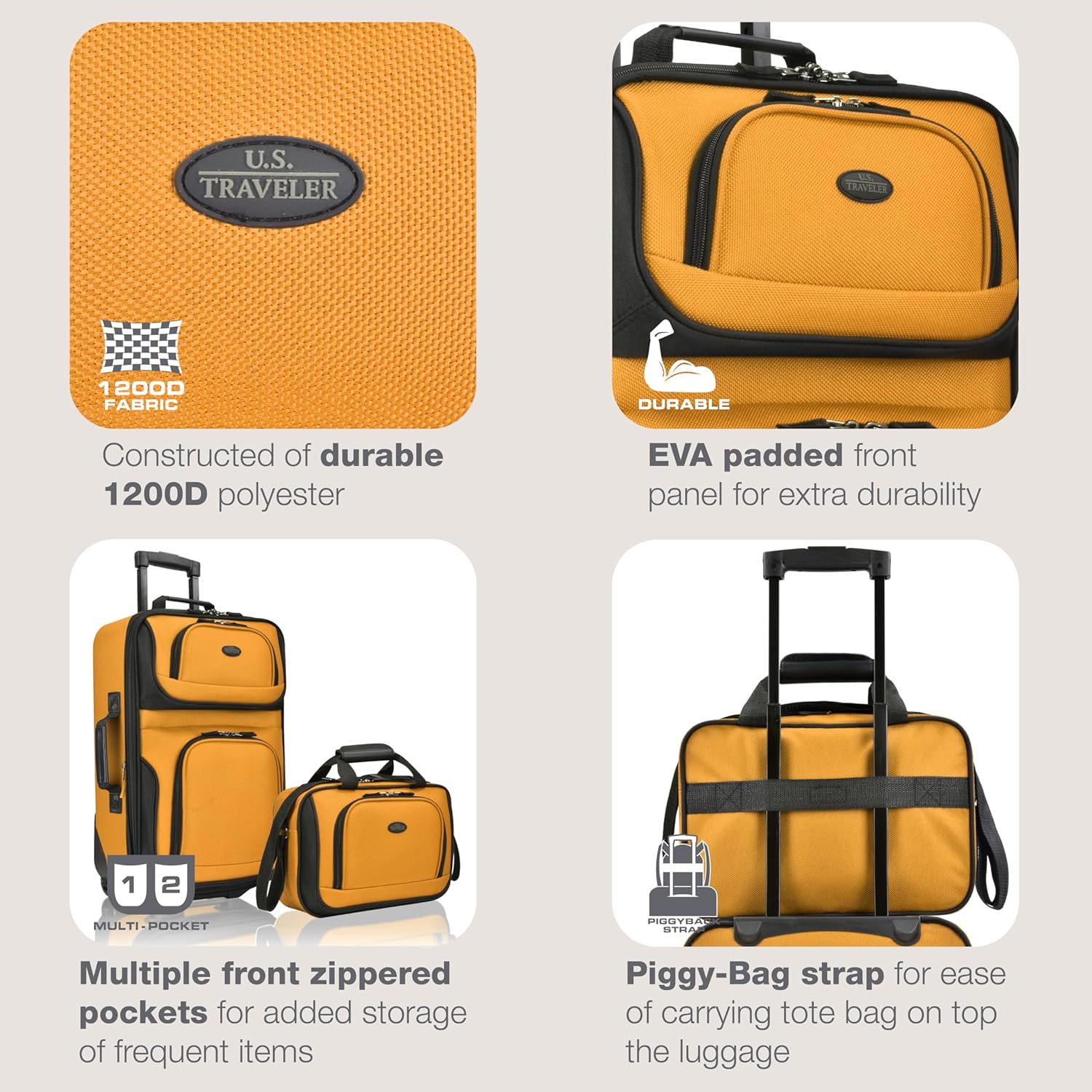 U.S. Traveler Rio Fabric Expandable Carry-on Luggage, Rolling Suitcase, Orange, 2 Wheel Set - Image 3