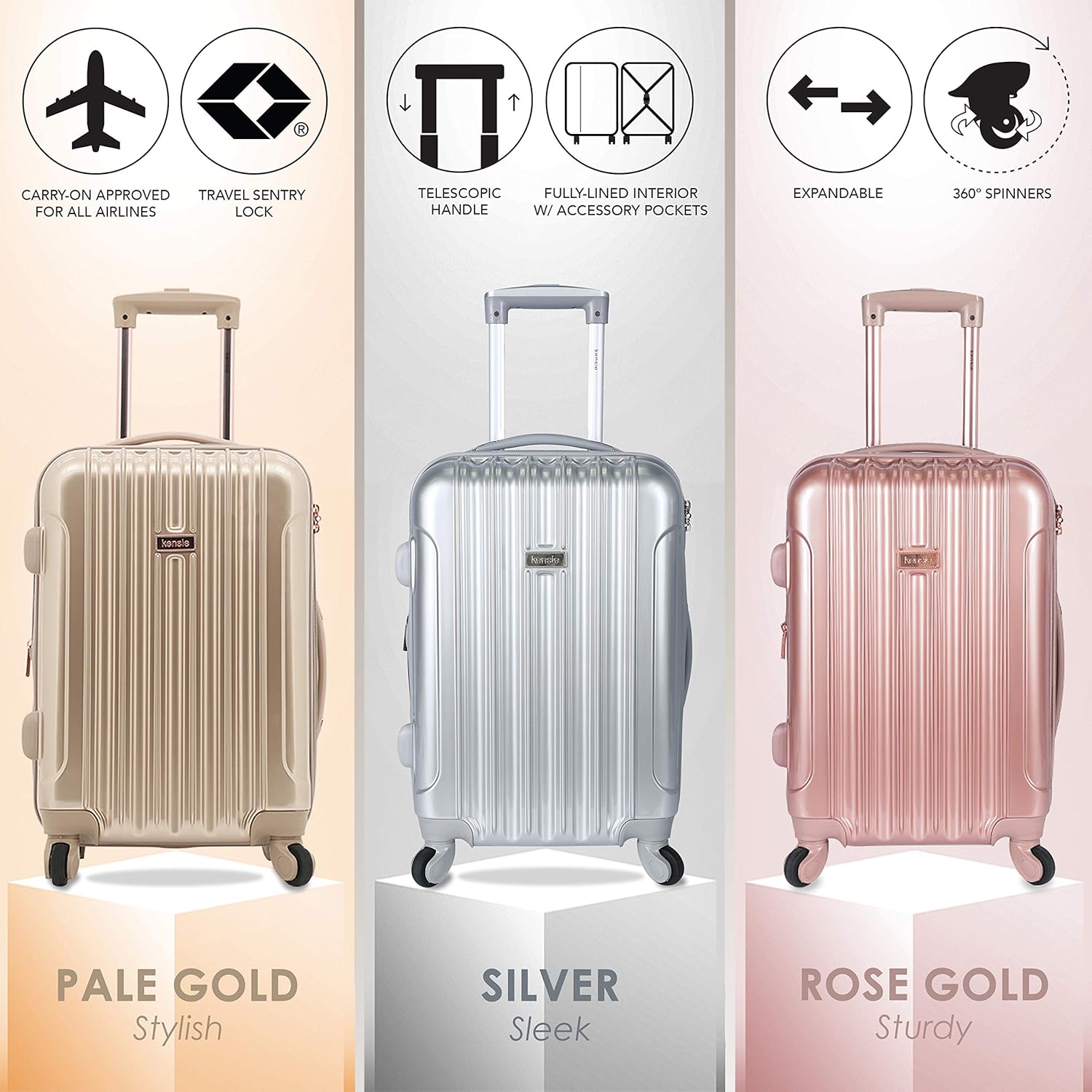 kensie 20" "Alma" Carry-On TSA-Lock Spinner Luggage, Rose Gold - Image 5