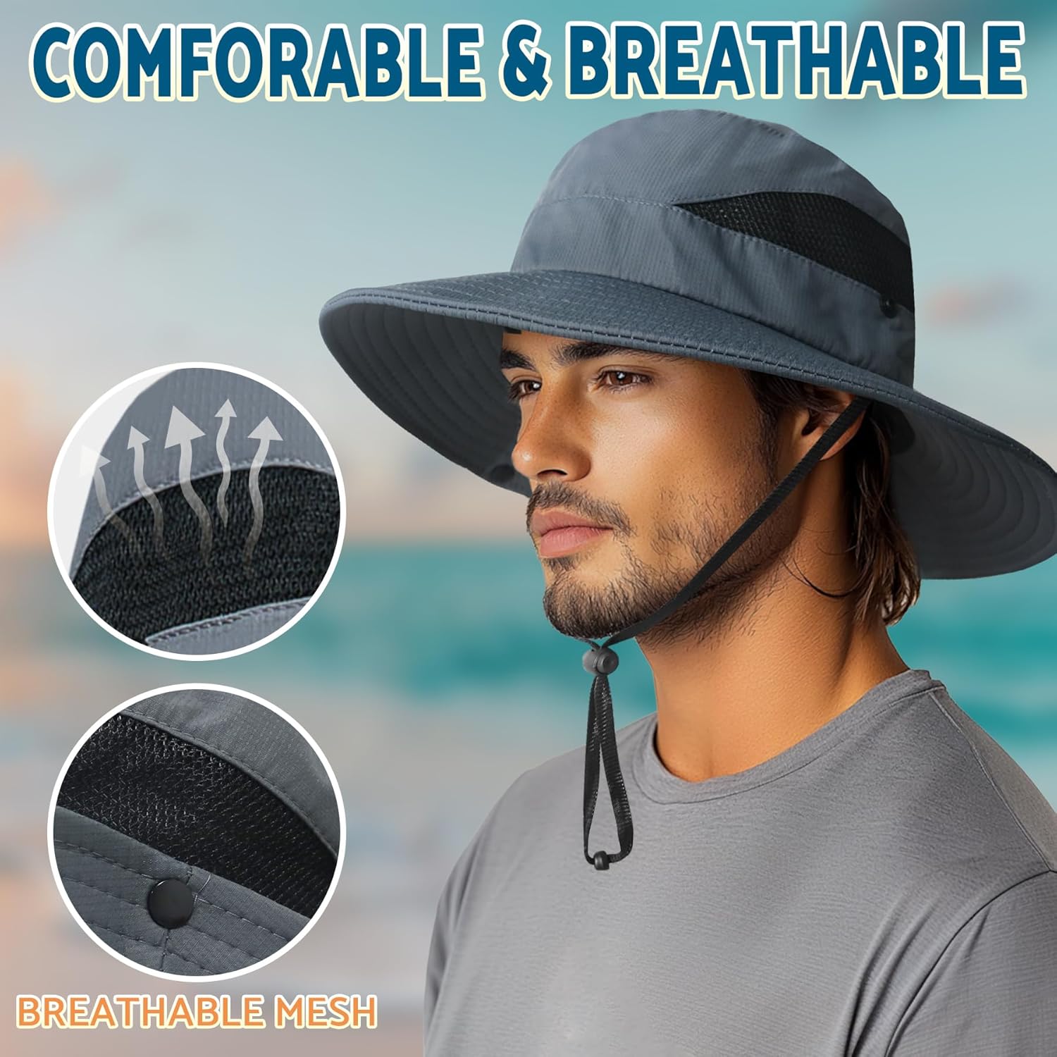 PFFY Sun Bucket Hats for Men Women 3” Wide Brim UPF 50+ Fishing & Beach Hat - Image 6