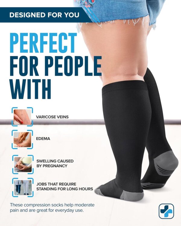 Doctor's Select 3 Pairs Plus Size Compression Socks Wide Calf - Up to 6XL | 20-30 mmHg Extra Wide Calf Compression Socks Women | Black - Image 5