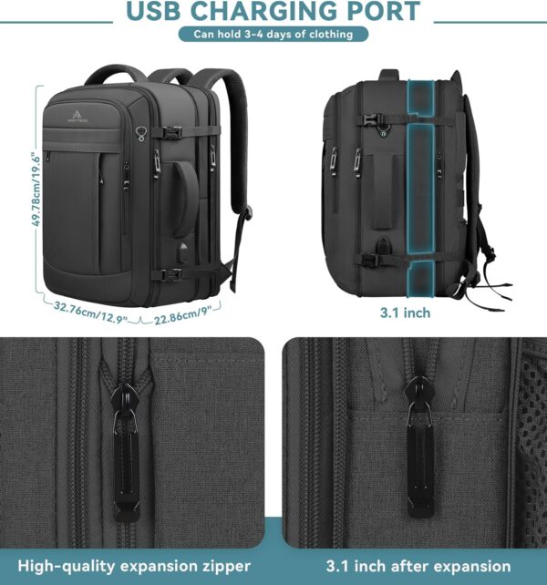 Travel Backpack, 50L Expandable Extra Large Laptop Backpack, Carry On Backpack Water Resistant Business Suitcase Daypack Bag Fits 17 Inch Laptops, Travel Gifts for Men Women, Black - Image 3