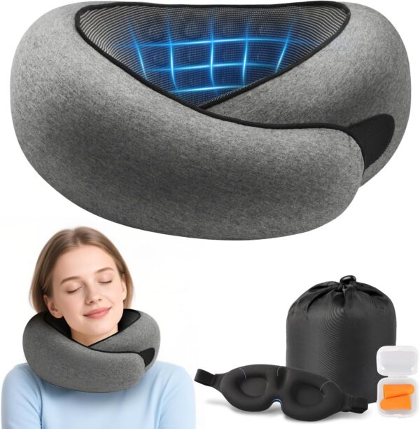 Advanced Memory Foam Neck Travel Pillow, Neck Pillow Airplane with Eye Mask & Ear Plugs, Designed for The Comfort of Travel & Office, Travel Pillow for Plane, Car, Home, Work, Dark Grey - Image 2