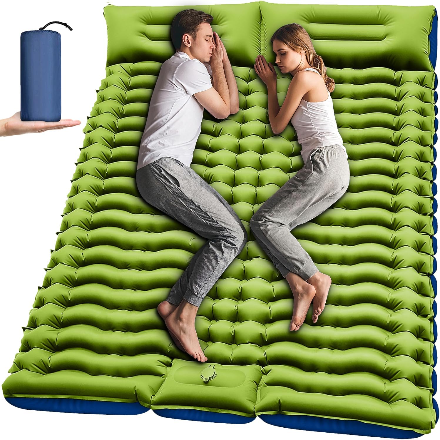 Double Sleeping Pad - Self Inflating 4" Extra-Thick for 2 Person with Pillow Built-in Foot Pump Inflatable Sleeping Mat for Backpacking, Hiking, Traveling, Tent, Portable Camping Mat - Image 2
