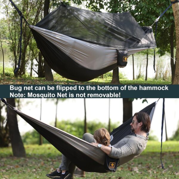 Camping Hammock with Net,Travel Portable Lightweight Hammocks with Tree Straps and Solid D-Shape Carabiners,Parachute Nylon Hammock for Outsides Backpacking Beach Backyard Patio Hiking - Image 4