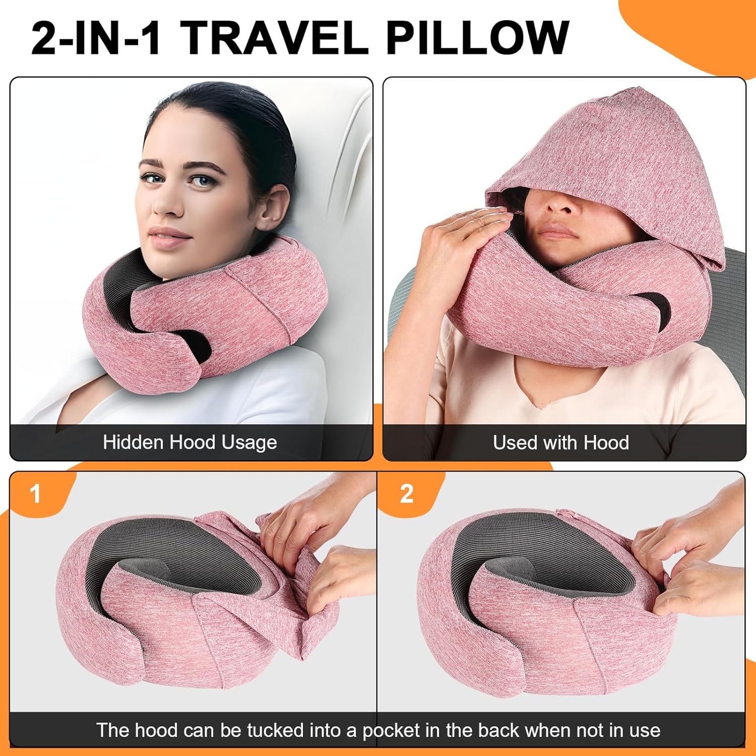 Travel Pillow - Hooded Neck Pillow Airplane Memory Foam Filling for Plane, Office, Cars Sleeping, Road Trip, Long Flights, Portable Plane Accessories, Includes Eye Mask & Earplugs (Red) - Image 3