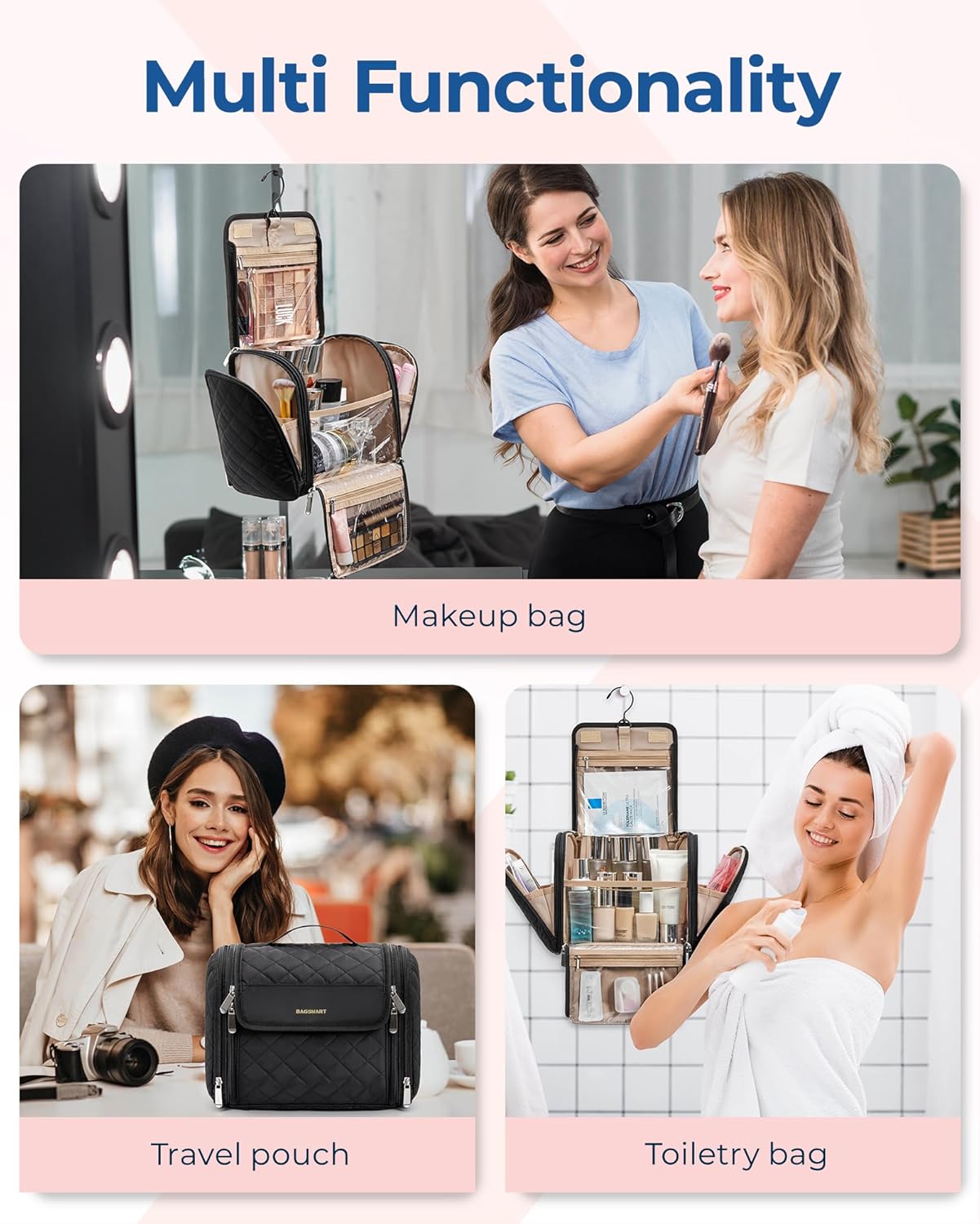 BAGSMART Makeup Bag for Women with Hanging Hook - Portable Cosmetic Case, Large Capacity Door Room Essentials Travel Organizer for Full Sized Cosmetics and Toiletries, Black - Image 5