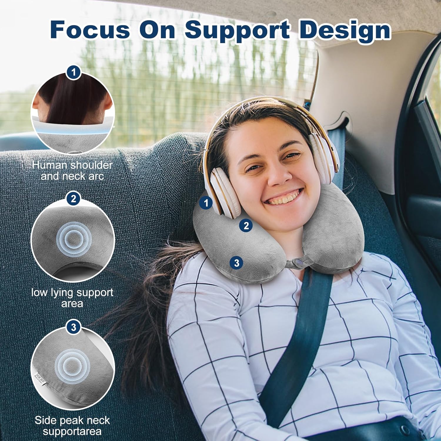 Travel Pillow 100% Pure Memory Foam Neck Pillow Airplane for Traveling,Car, Train,Napping,Traveling,Washable Cover (Grey) - Image 4