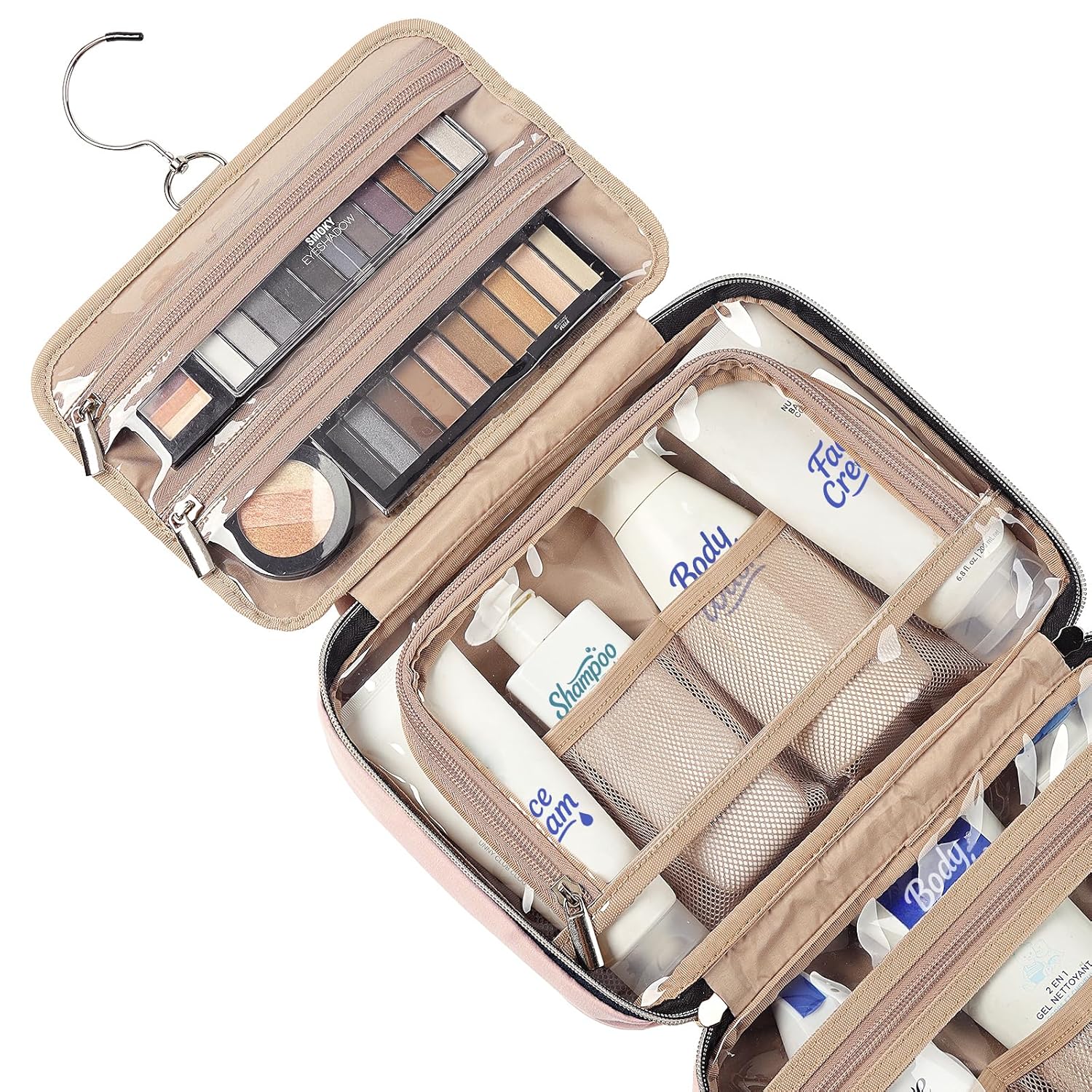NISHEL Travel Toiletry Bag for women, Portable Hanging Organizer for Travel-Sized Shampoo, Conditioner, Brushes Set, makeup Accessories, Medium Size, Pink - Image 5