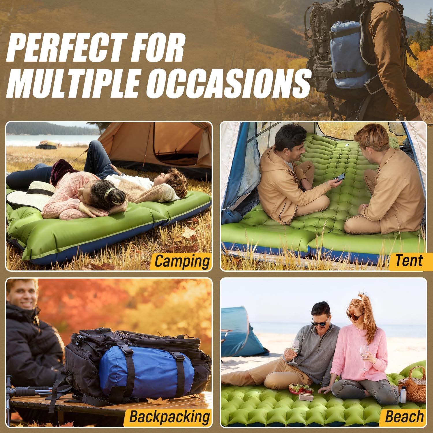 Double Sleeping Pad - Self Inflating 4" Extra-Thick for 2 Person with Pillow Built-in Foot Pump Inflatable Sleeping Mat for Backpacking, Hiking, Traveling, Tent, Portable Camping Mat - Image 9