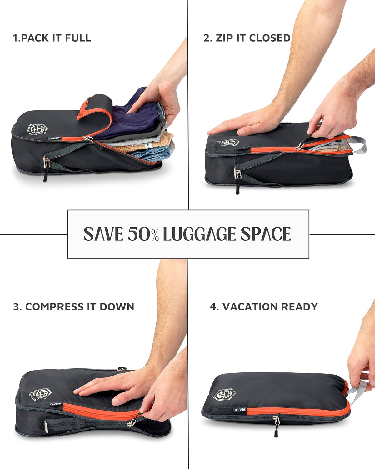 Large Compression Packing Cubes for Travel-Packing Cube Luggage Organizers 7 Piece Set for Checked Luggage-Ultralight, Expandable/Compression Bags by TRIPPED Travel Gear (Grey/Orange) - Image 6