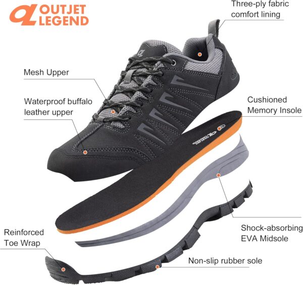 OL OUTJET LEGEND Men's Waterproof Hiking Shoes Leather Comfortable Lightweight Anti-Slip Outdoor Walking Work Sneakers - Image 4