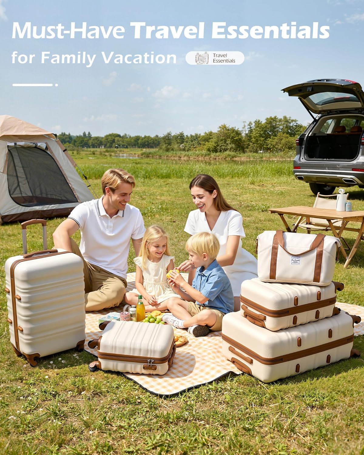 LONG VACATION 6 Piece Luggage Set Carry on Suitcase with ABS+PC hardshell, Spinner Wheels & YKK Zipper TSA Lock (WHITE-BROWN, 6 piece set) - Image 5