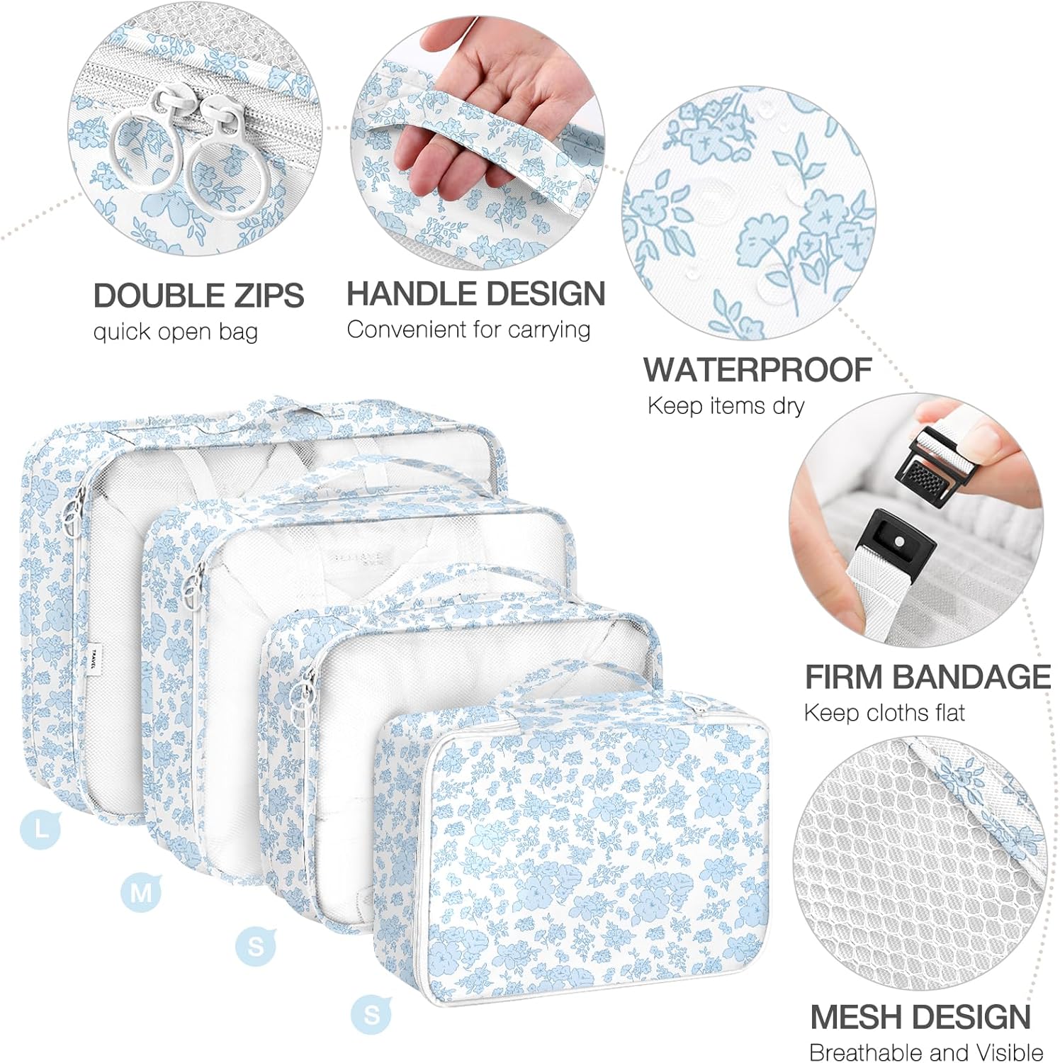 8 Set Packing Cubes for Suitcases,Packing Cube with Shoe, Cosmetics, Clothing, and Accessories Bags Packing Cubes for Travel Luggage Organizer Women Men(Blue Flowers) - Image 4