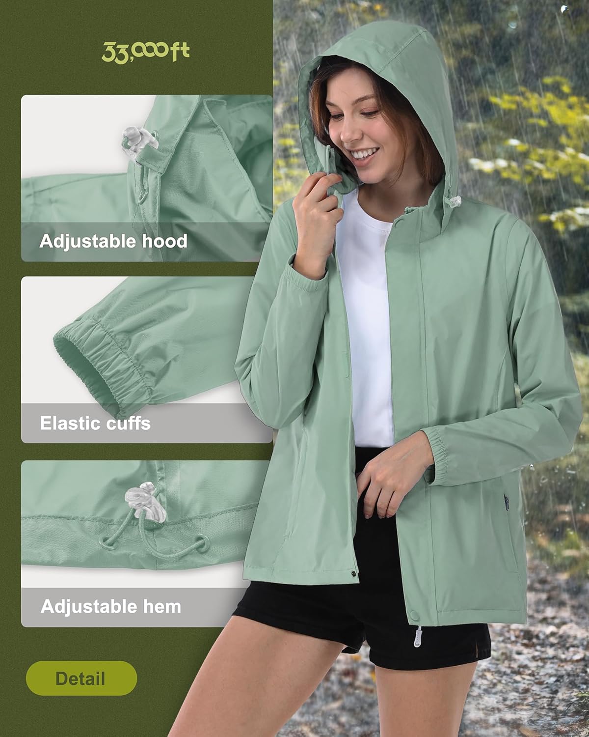 33,000ft Women's Rain Jacket Waterproof Lightweight Packable Raincoat with Hood for Golf Hiking Travel Windbreaker - Image 5
