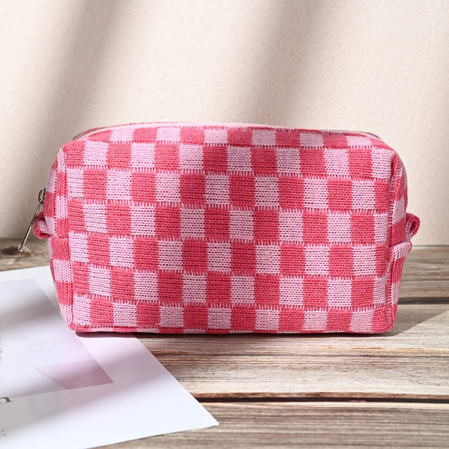 SOIDRAM 2 Pieces Makeup Bag Large Checkered Cosmetic Bag Capacity Canvas Mix Travel Toiletry Bag Organizer Cute Makeup Brushes Aesthetic Accessories Storage Bag for Women, Checkered Mix Rose Red - Image 8
