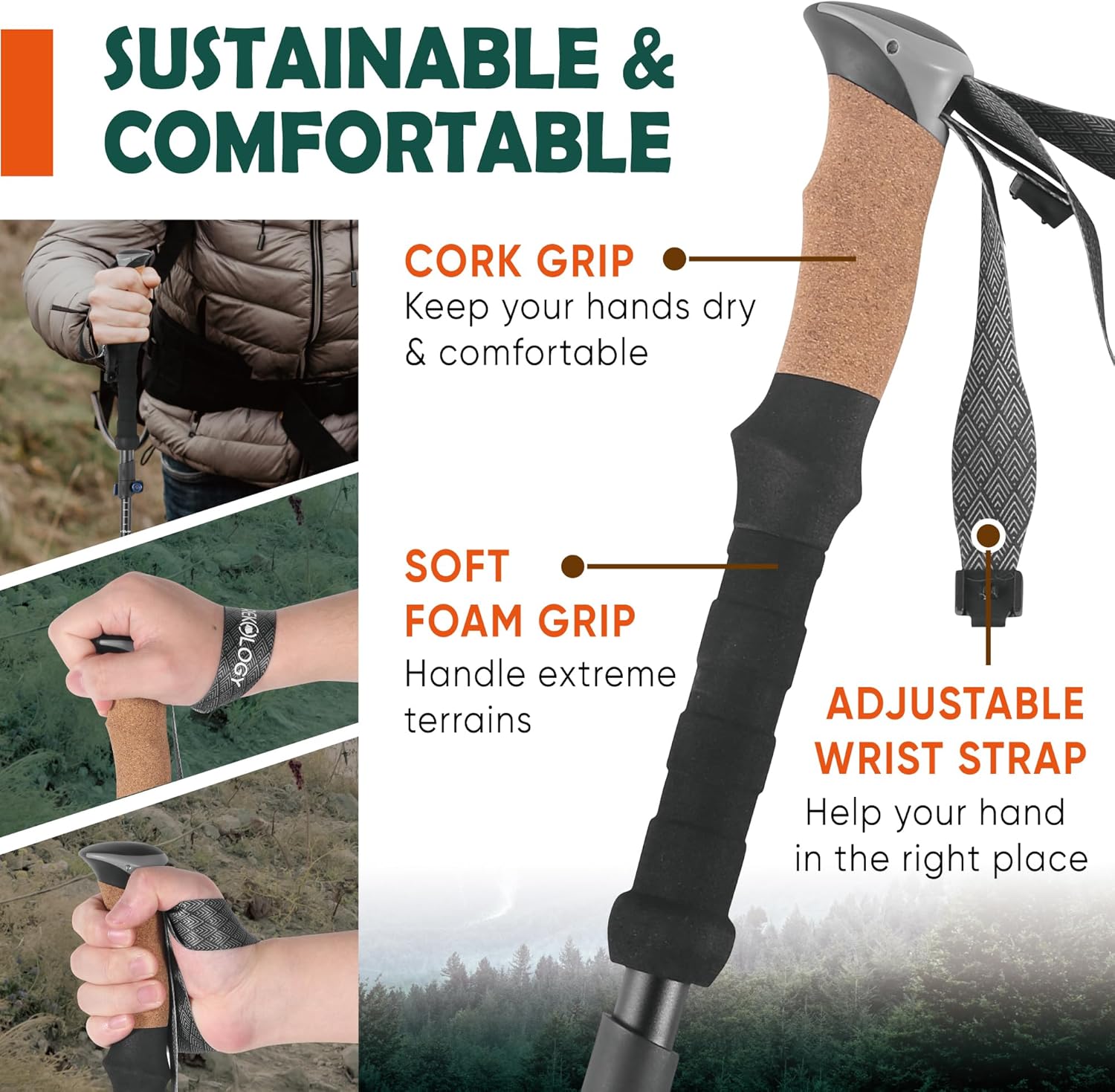 TREKOLOGY Trek-Z Cork Grip Trekking Poles – Lightweight Folding Hiking Poles, Adjustable Height, Compact Travel Design, Aircraft-Grade Aluminum Walking Sticks for Men & Women - Image 3